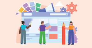 Vector graphic of three people building a brochure website.