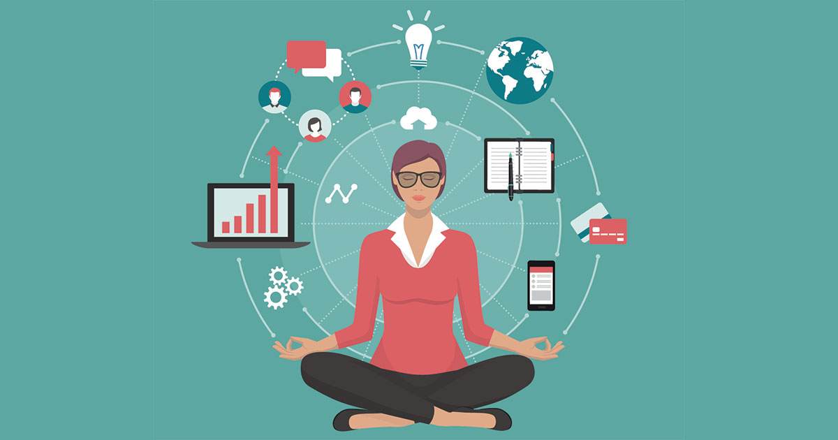 Vector image of a woman meditating trying to achieve work-life balance.