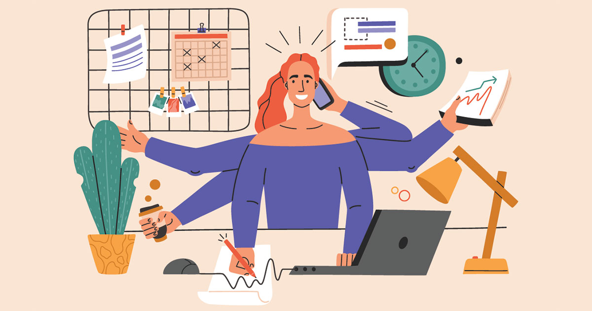 A vector image representing a lack of work-life balance. A woman trying to do six different things at once.