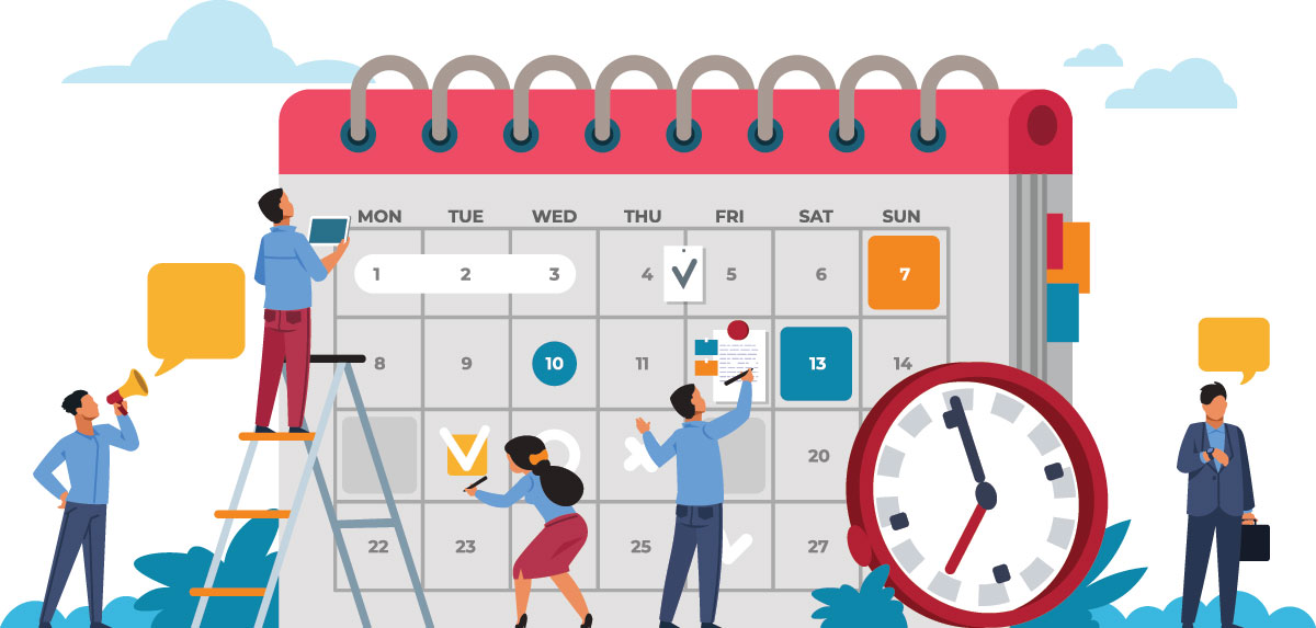 Vector image of several people putting together a marketing calendar.