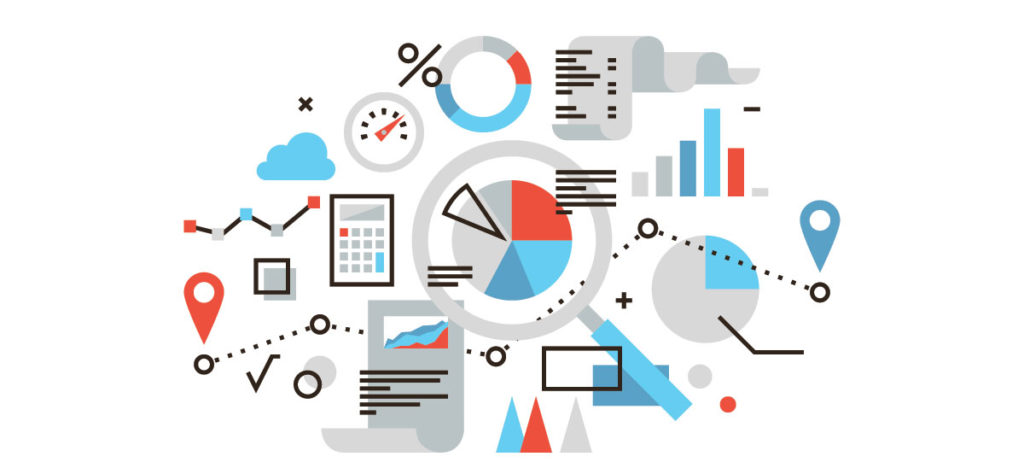 Vector collage of pie charts, documents, and icons to help track and understand marketing efforts.