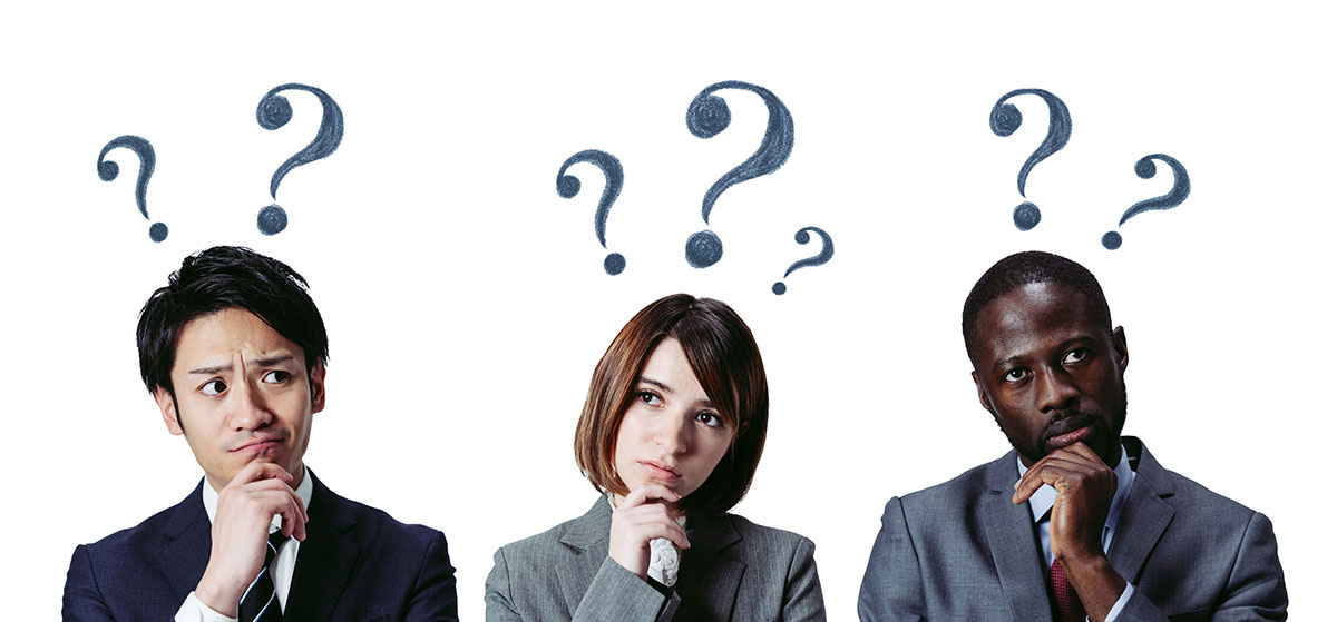 Three people with question marks above their heads, looking like they are pondering something.