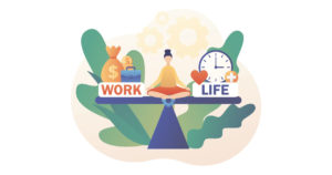 Vector rendering of a woman sitting on a scale weighing Work-Life Balance