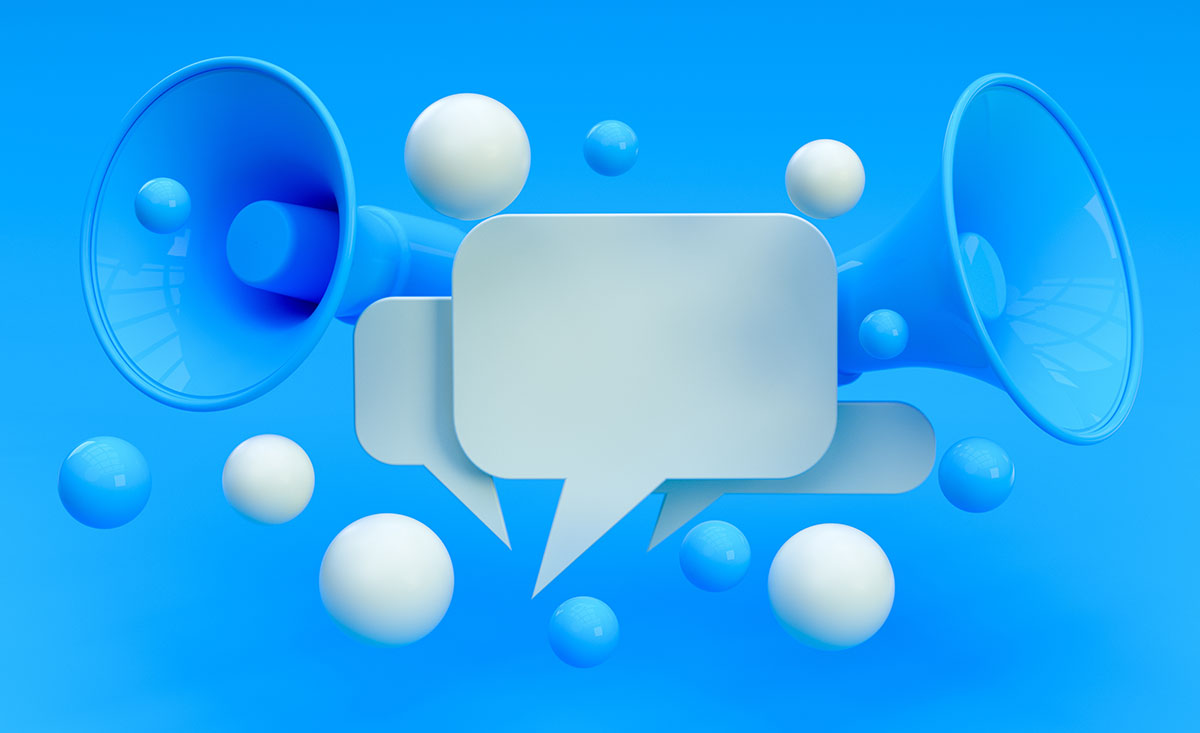Megaphones and speech bubbles representing PR and marketing over a blue background.