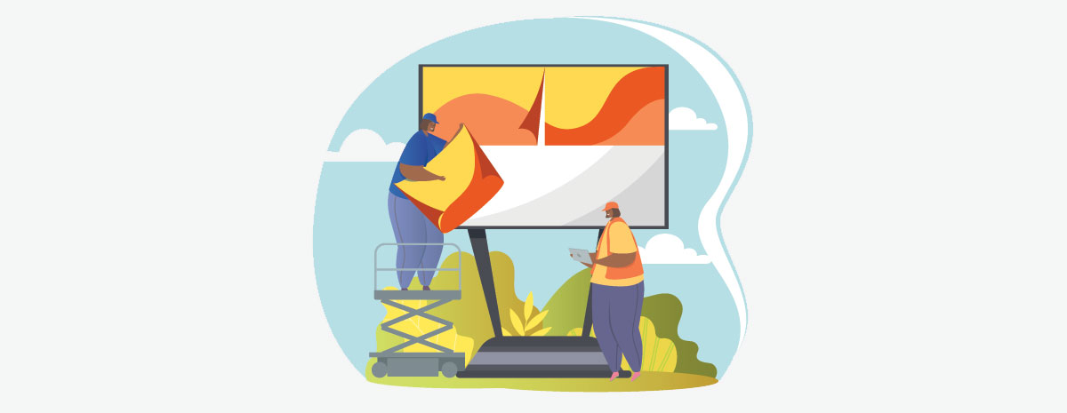 Vector of two men building a billboard sign trying to Match Brand Positioning With Visual Identity