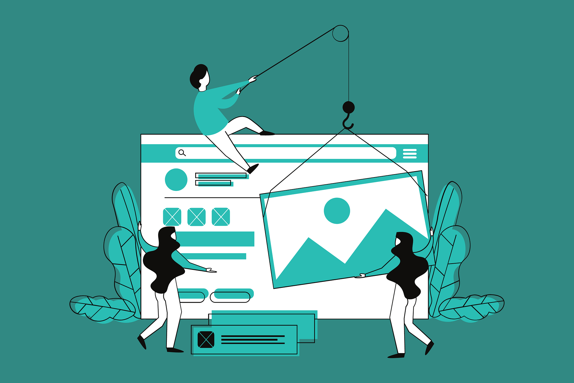Vector graphic of a web page with a tem of people using construction equipment to build it.