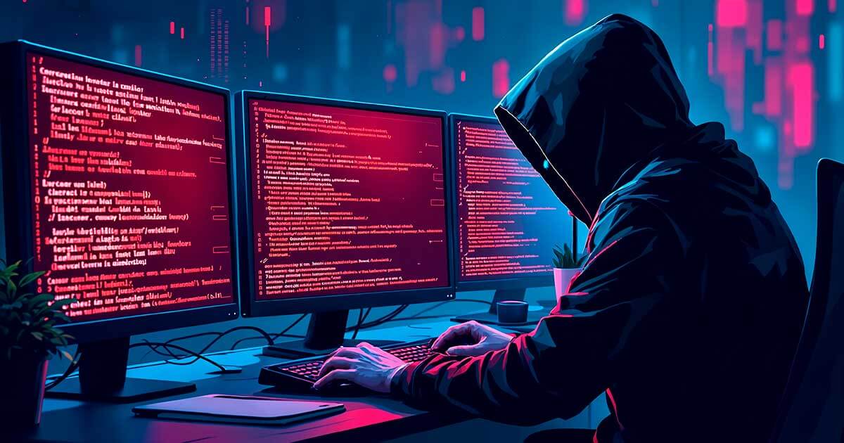 Hacker sitting at computer with thre monitors.