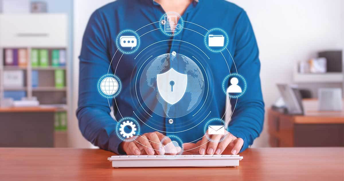 Man typing on keyboard with icons of website trust.