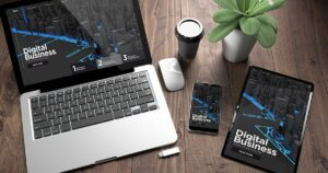 Responsive web design mockup three devices.