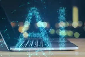 Notebook with abstract ai hologram.