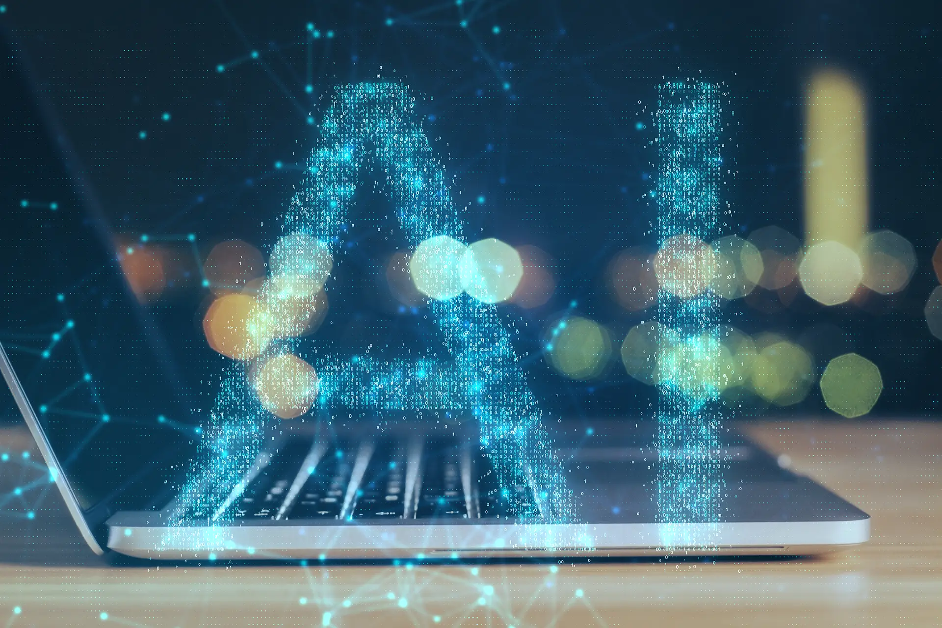 Notebook with abstract ai hologram.