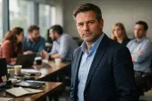 Business leader facing mixed team reactions during AI adoption discussion in a modern office