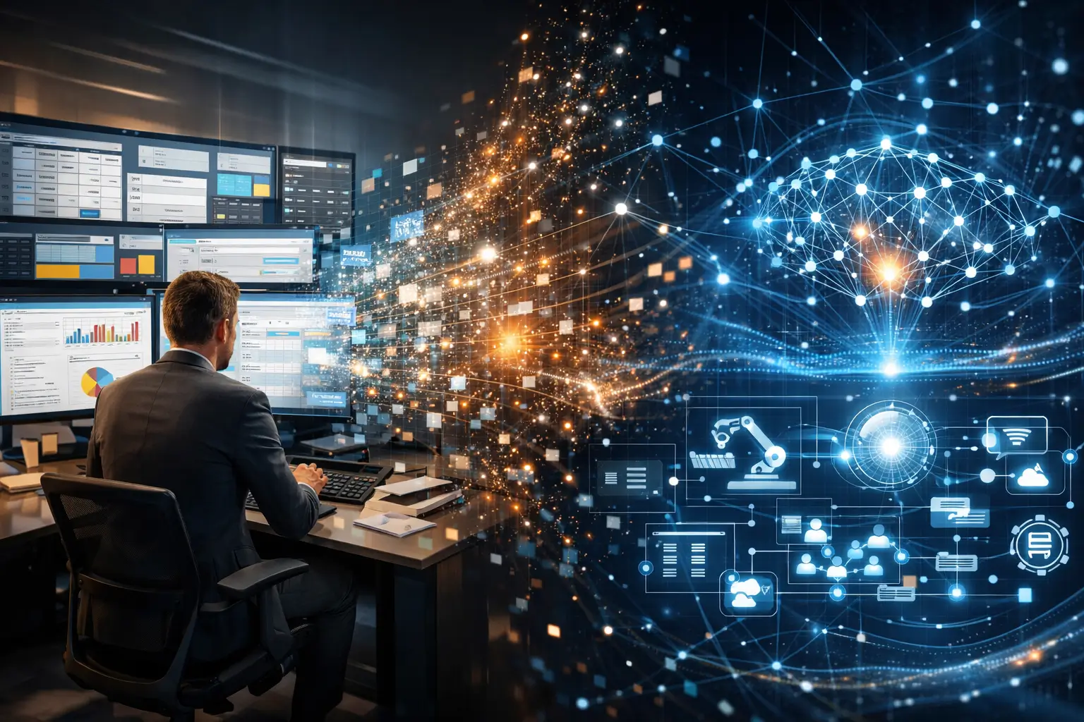 Conceptual visualization of AI agents replacing traditional software dashboards and performing automated business workflows.