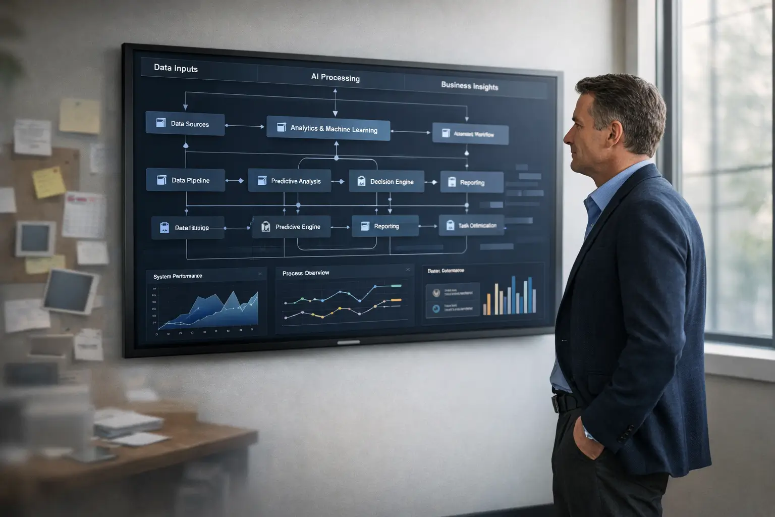 Business leader reviewing integrated AI systems transforming company operations