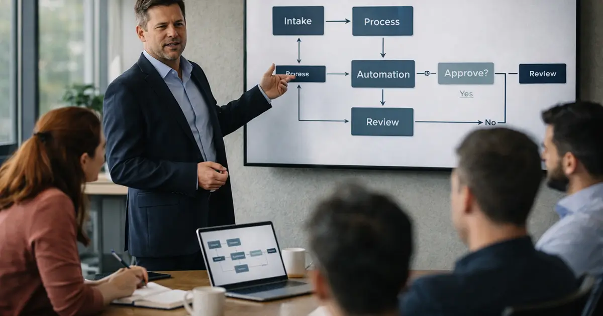 Business leader guiding team through AI workflow and change management process