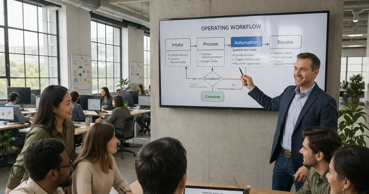 Business leader presenting a structured AI workflow framework to a team in a modern office
