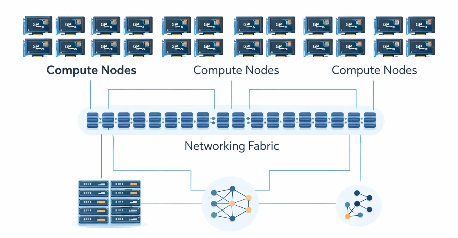 Diagram illustrating large AI training clusters using thousands of GPUs.