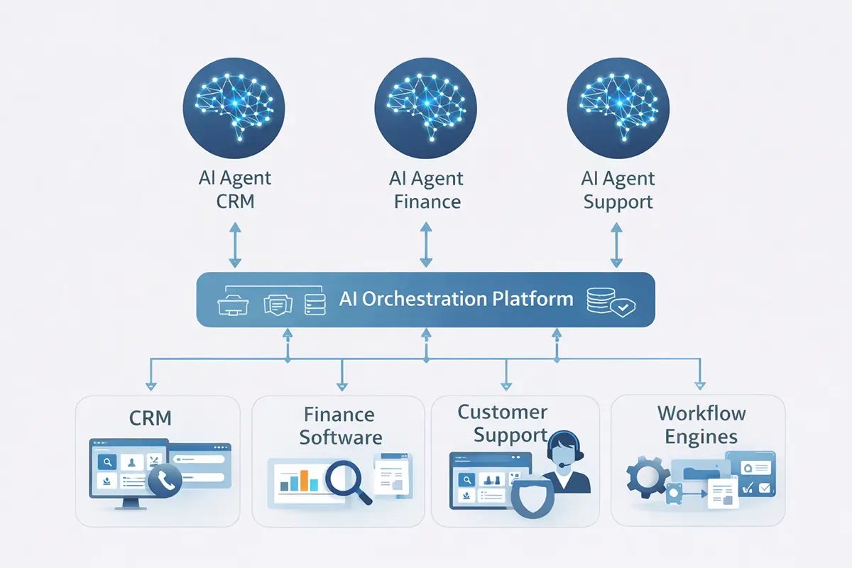 Diagram showing an AI orchestration platform coordinating multiple agents and enterprise systems.