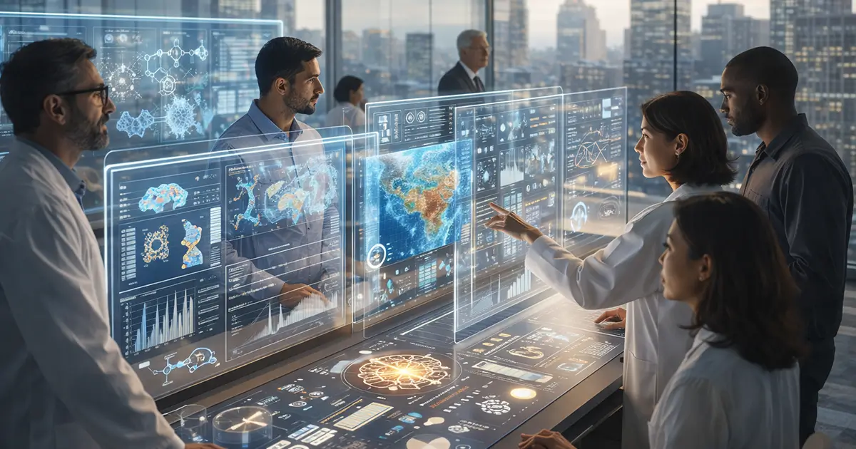 Professionals reviewing AI data dashboards showing artificial intelligence adoption across industries