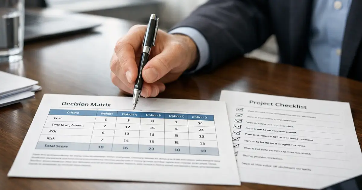 Business executive reviewing printed decision matrix.