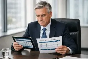 Business executive reviewing technology evaluation.