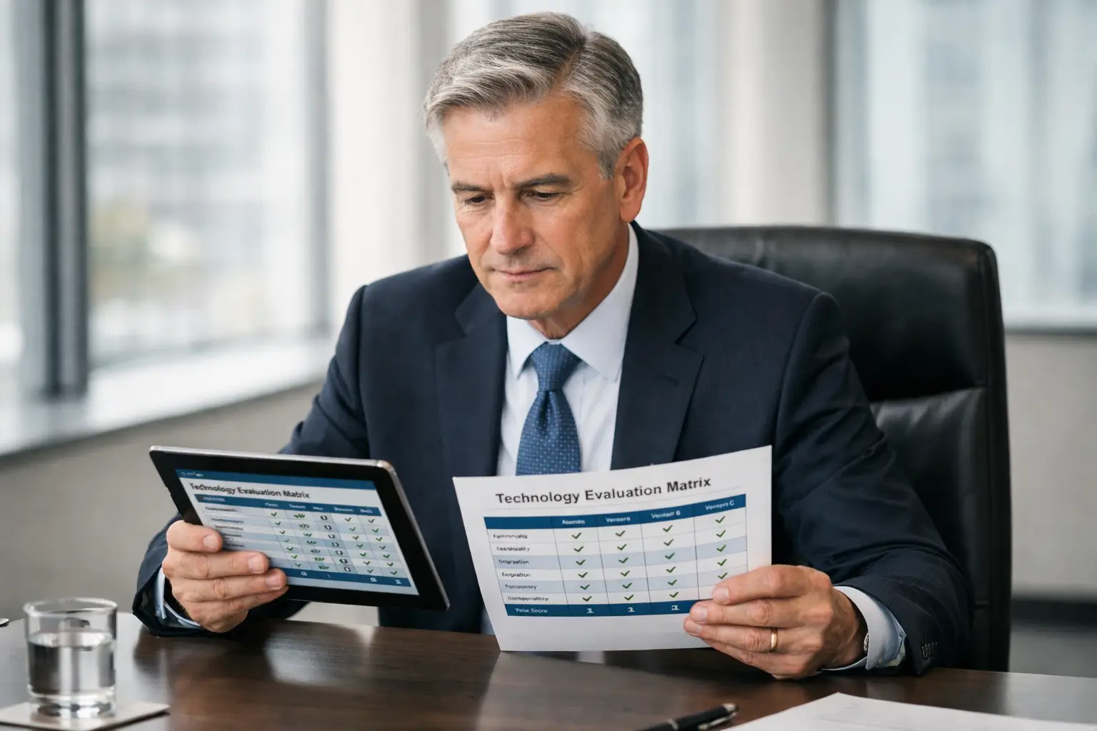 Business executive reviewing technology evaluation.