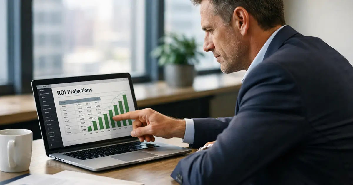 Business leader pointing to ROI projections on laptop.