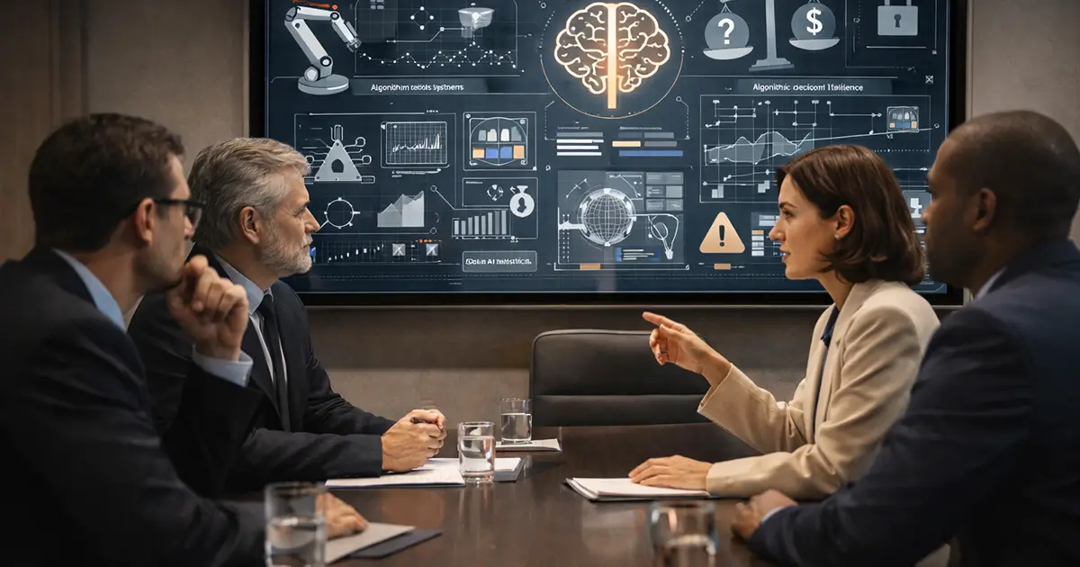 Business executives discussing potential risks and ethical considerations of artificial intelligence