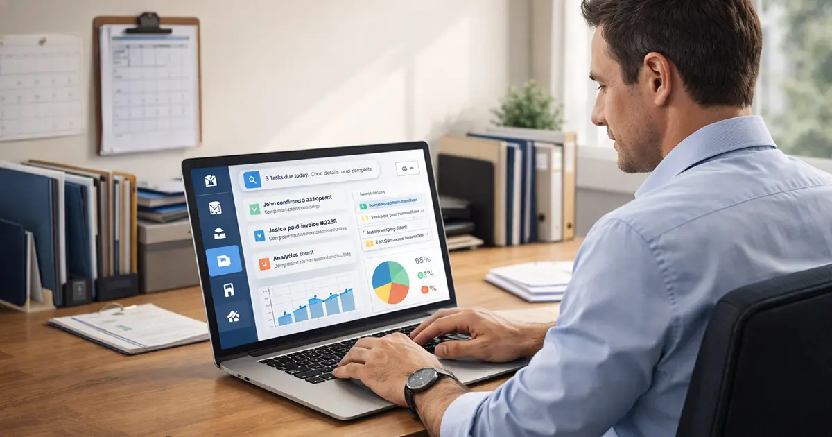 Business man at computer in home office.