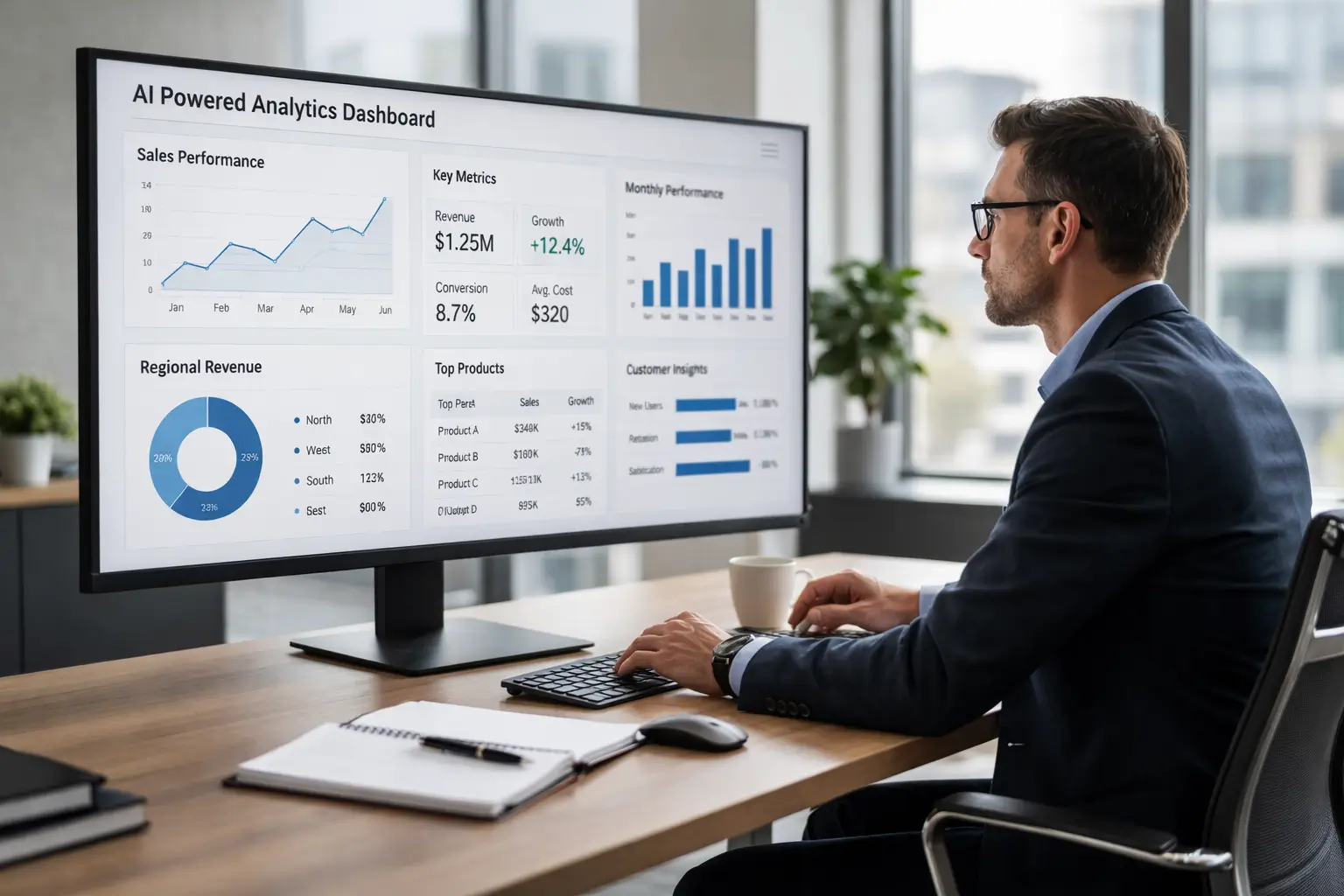 Business professional analyzing an ai powered analytics dashboard.
