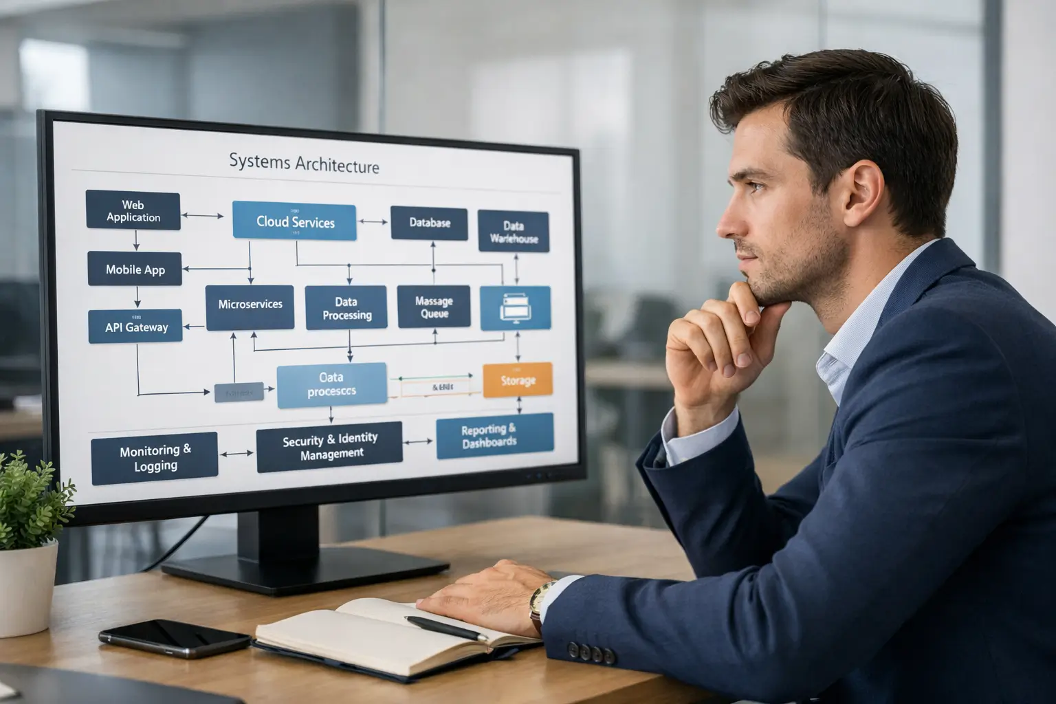 Executive reviewing a clean digital systems architecture diagram.