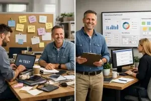 Small business team moving from scattered AI experiments to organized business systems and workflows