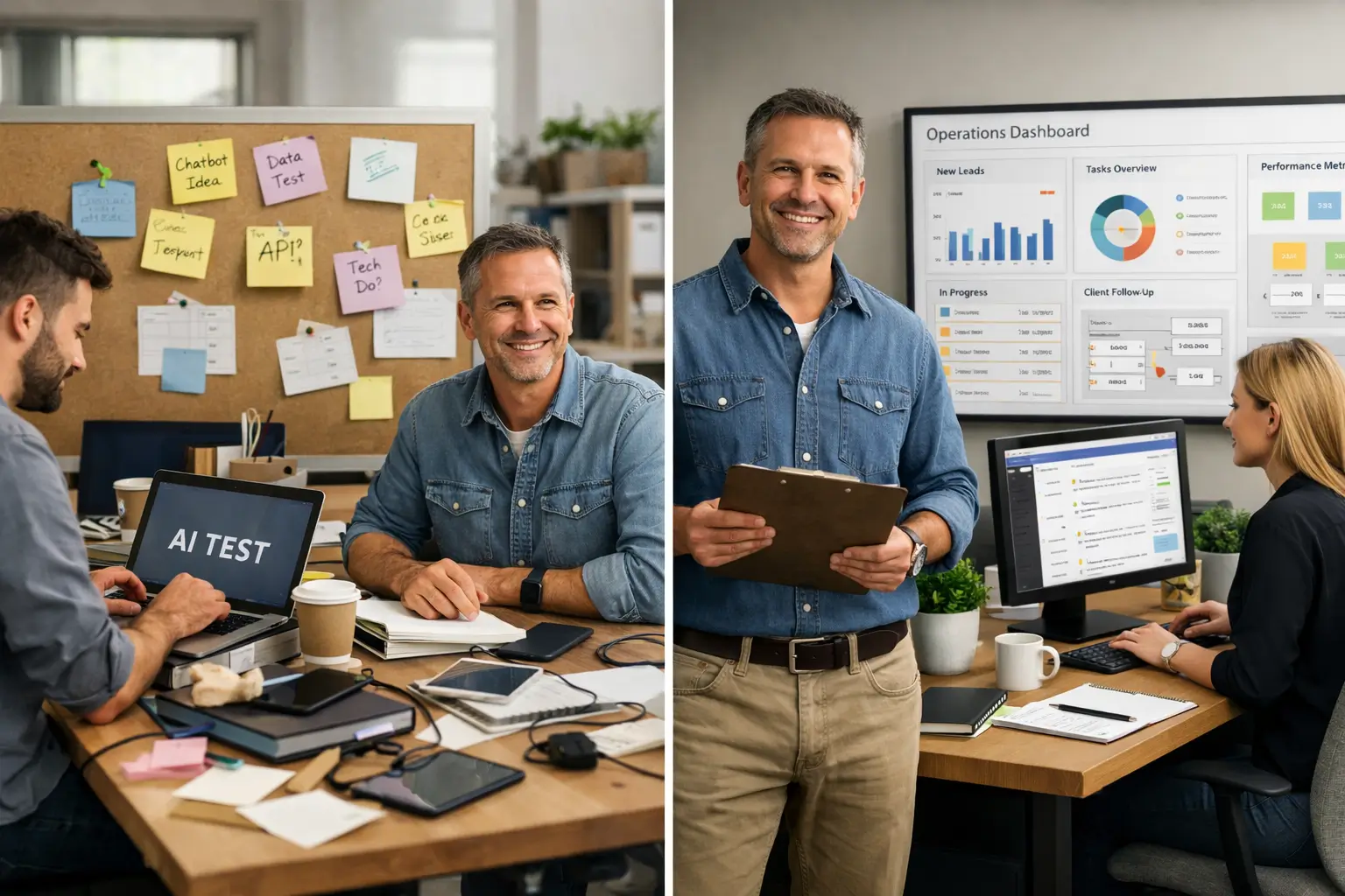 Small business team moving from scattered AI experiments to organized business systems and workflows