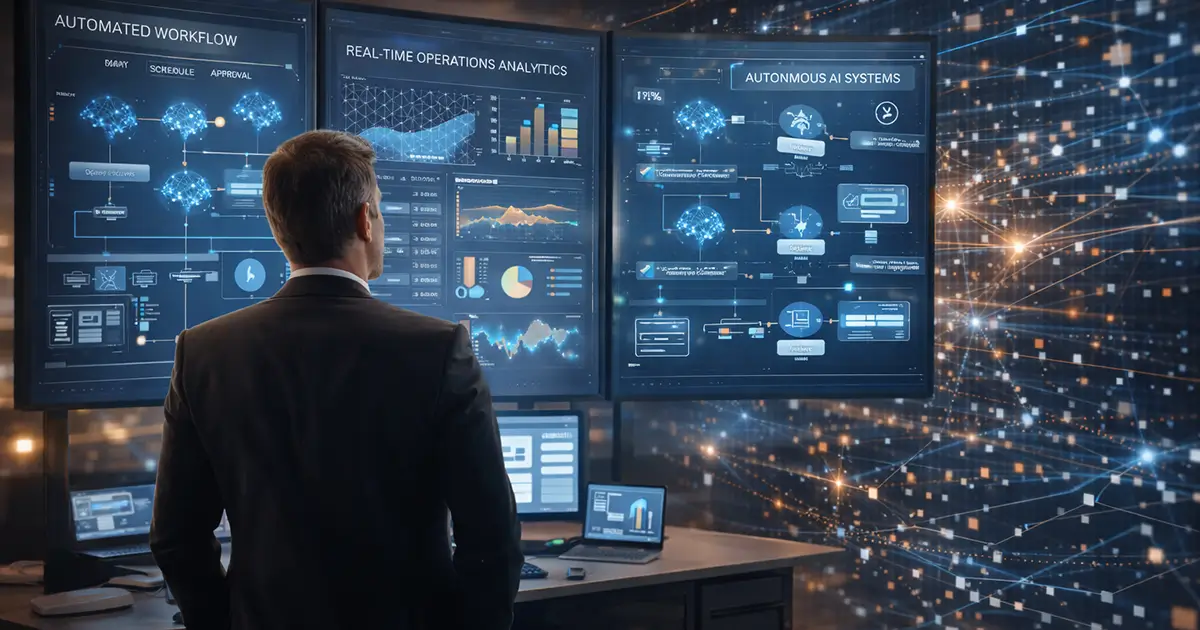 Visualization showing AI agents automating workflows across sales, finance, and customer support systems.