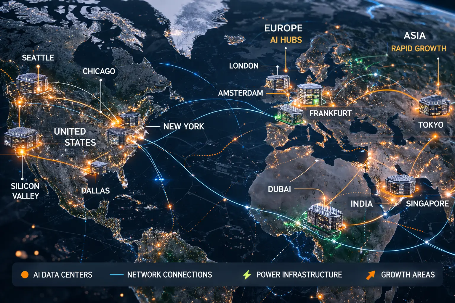 Global map highlighting regions building large AI data centers.