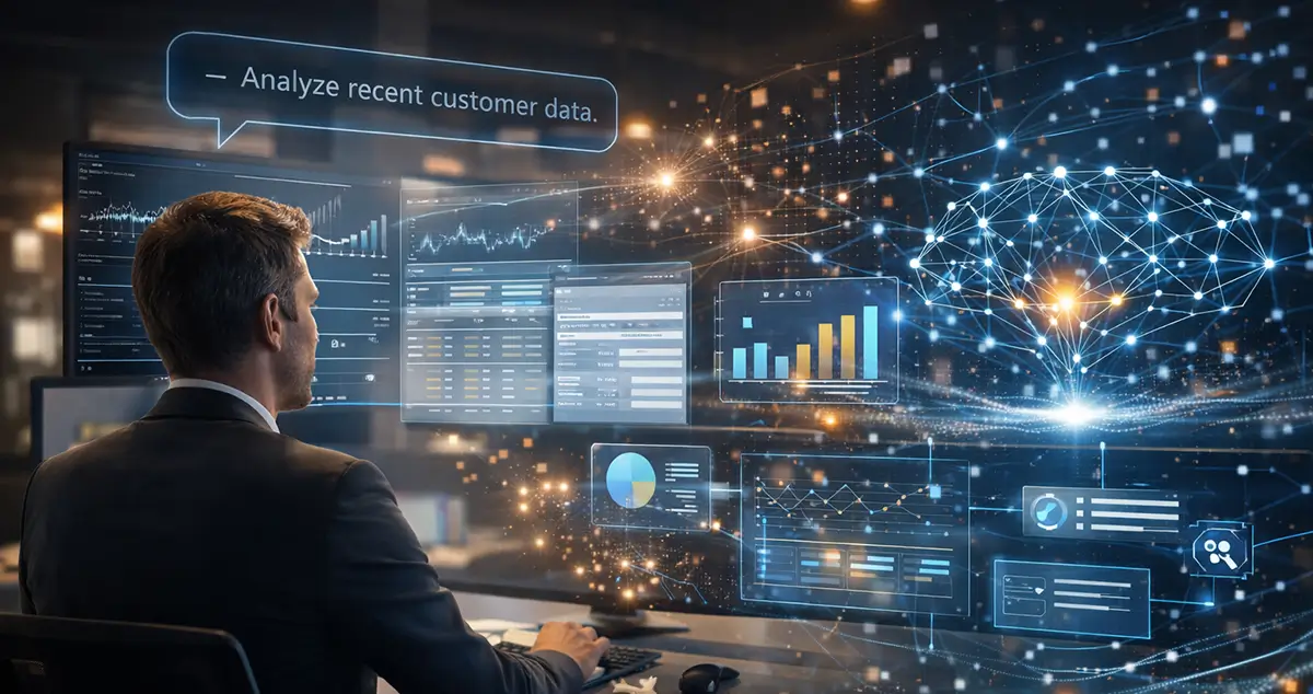 Business professional requesting insights from an AI system using natural language instead of traditional dashboards.