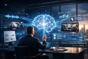 Multimodal ai interface showing voice image document and text inputs analyzed by artificial intelligence.