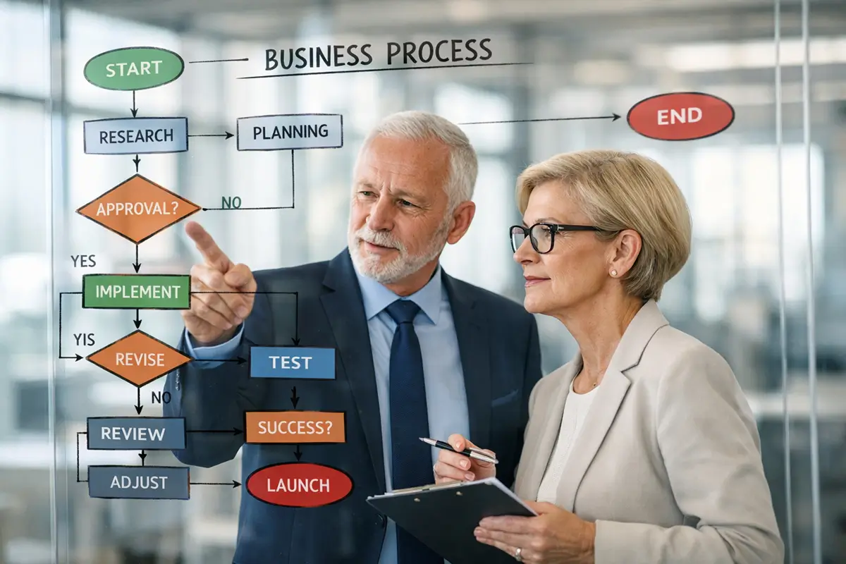 Professionals reviewing structured business process map on a transparent glass wall.