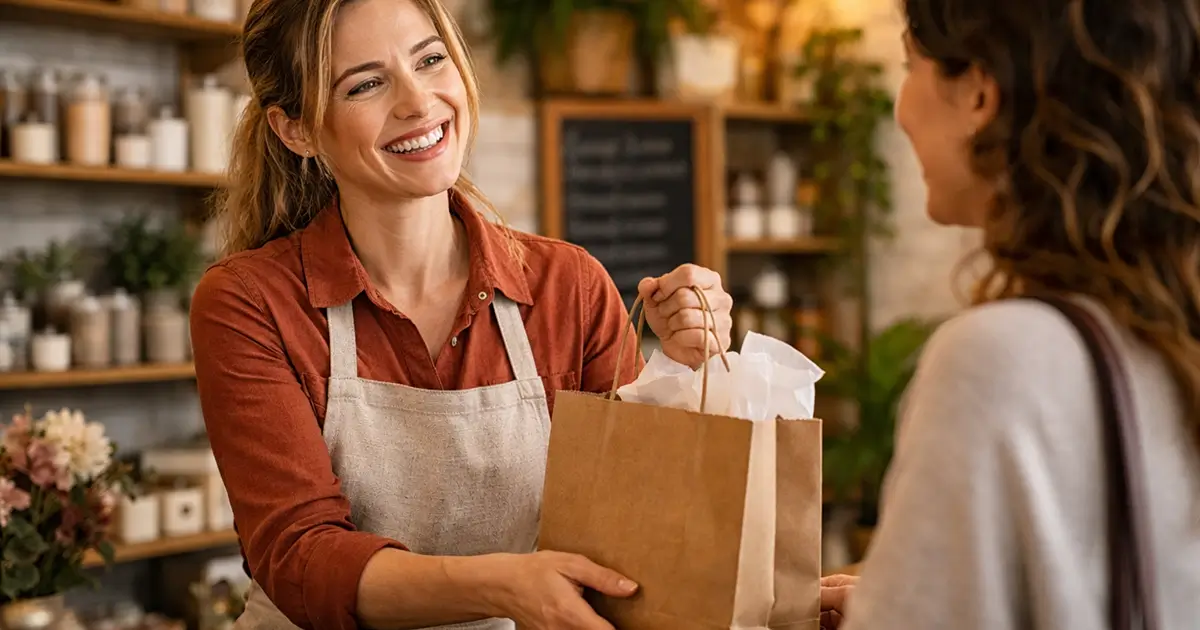 Small business owner providing excellent service leading to positive customer interaction and word of mouth referrals