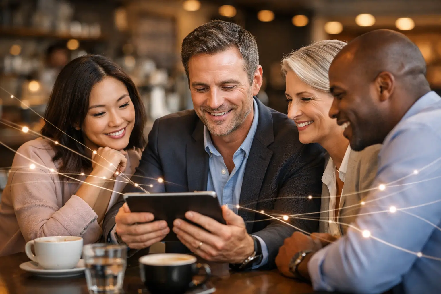Group of professionals sharing ideas in a casual setting illustrating how word of mouth marketing and social currency spread through conversation
