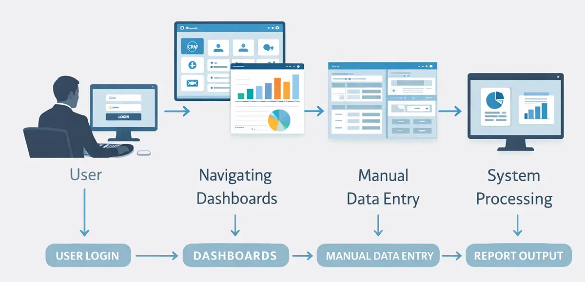 Diagram showing how traditional business software requires users to navigate dashboards and manually enter information.