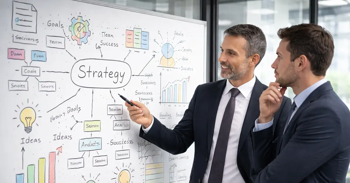 two colleagues working through a detailed plan on a whiteboard