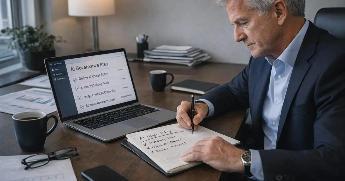 Business leader actively planning AI governance steps with clear direction