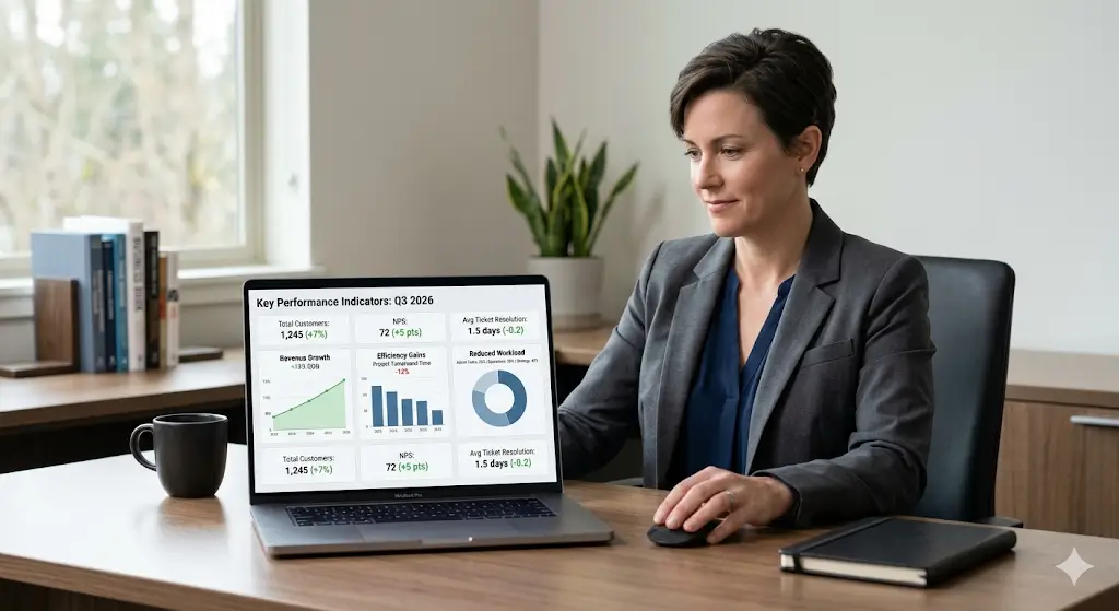 Clean business dashboard showing measurable improvements from AI automation such as efficiency and revenue growth