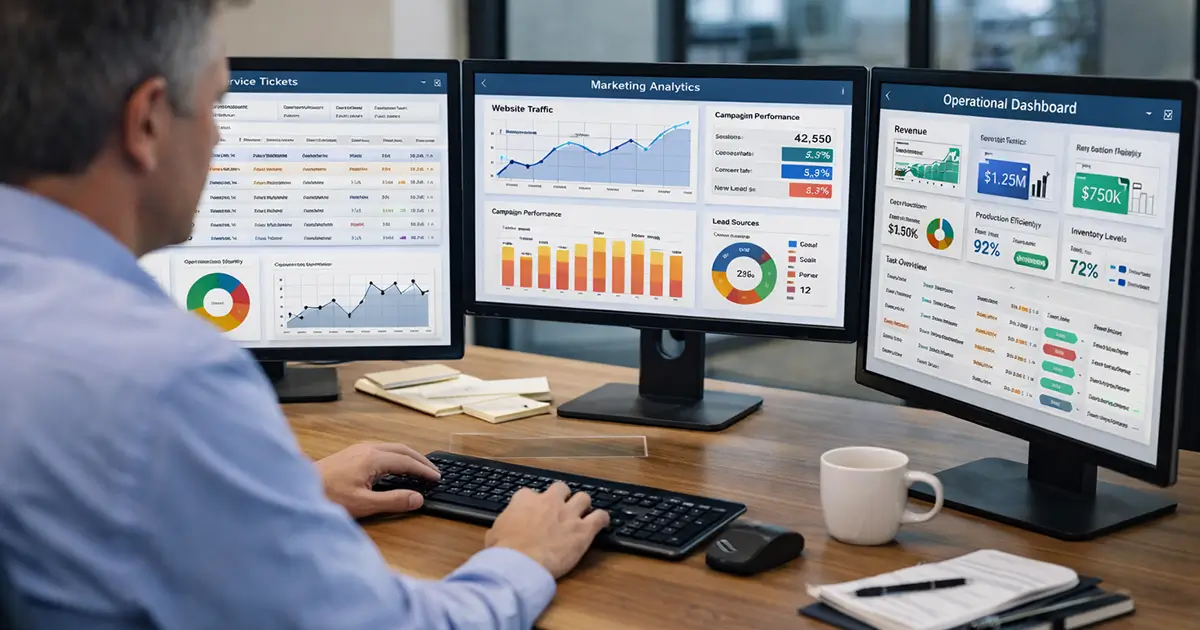 Professional managing multiple AI-driven business workflows across dashboards