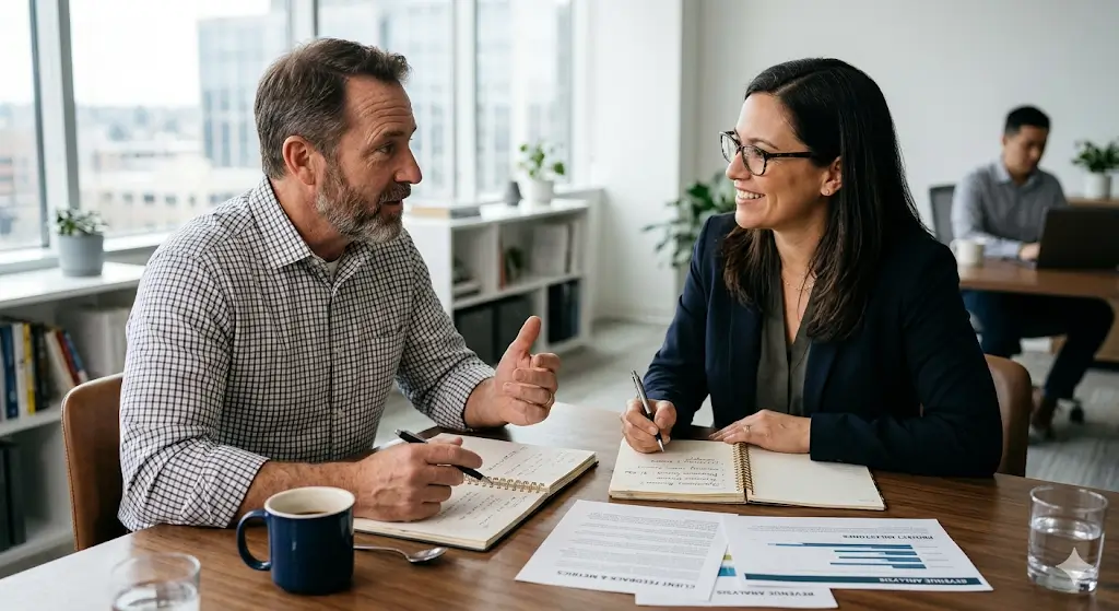 Business owner asking practical AI consulting questions during a professional consultation
