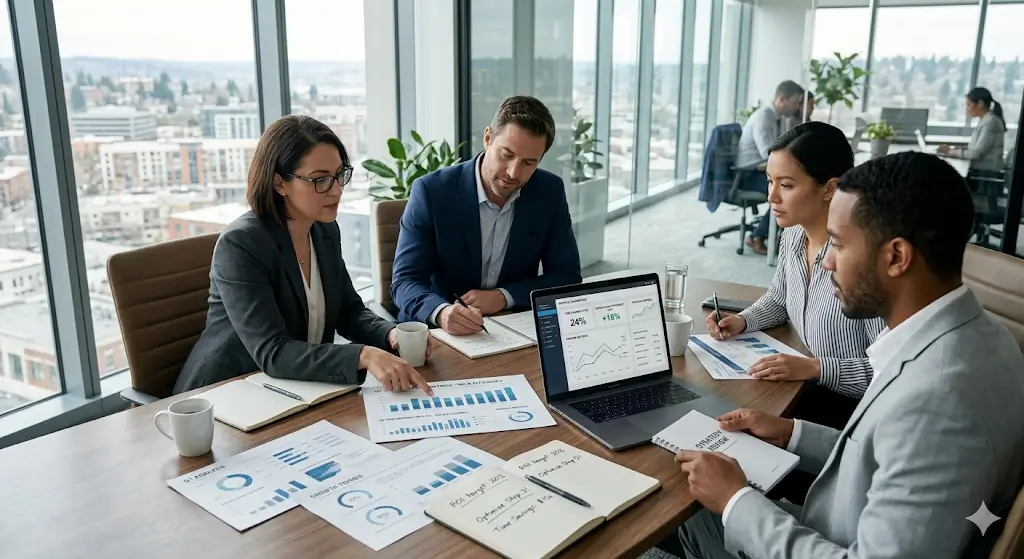 Business team reviewing ROI metrics and performance results from an AI initiative