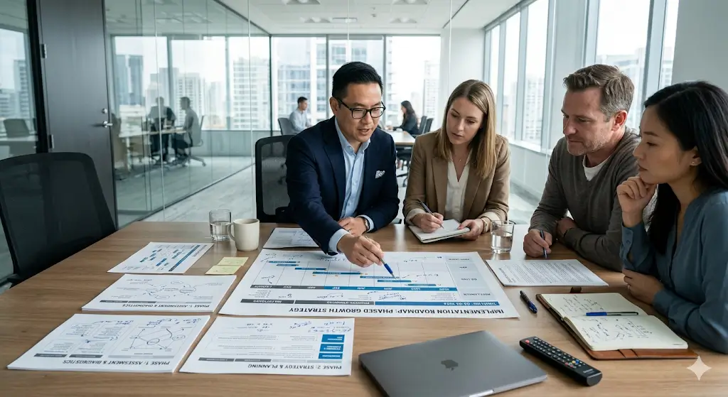 Team reviewing an AI implementation roadmap with assessment, strategy, and planning documents