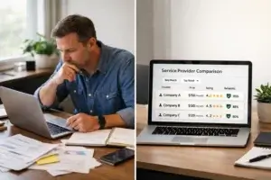 Business owner observing AI-driven customer decision interface comparing service providers