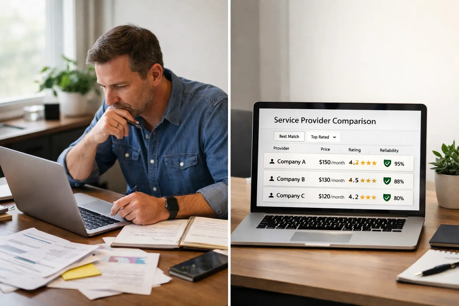 Business owner observing AI-driven customer decision interface comparing service providers